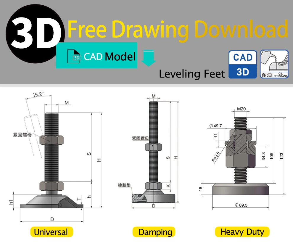 Fixed Adjustable Leveling Foot for Furniture Conveyor Equipment Machine Steel Table Rubber Feet for Industrial